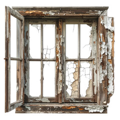 An old, distressed wooden window frame with several broken glass panes against a black background.