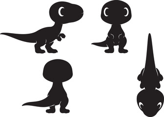 Obraz premium Adorable Baby T-Rex Dinosaur Silhouette Vector Illustration Set: Four Unique Views (Side, Front, Back, Top) for Kids' Design, Logos, Decals, and Prehistoric Fun.