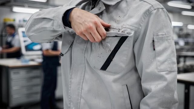 Medium shot of a professional wearing a spotless uniform treated with ultrathin nanocoating showcasing enhanced durability and resistance to dirt and stains in a busy work