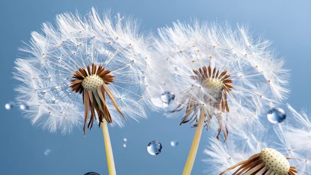 Dandelion seeds rest atop water droplets, catching light and creating a stunning visual at midday with nature's beauty on display