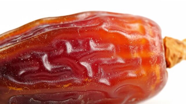 Closeup of a single, ripe, brown date fruit with a stem