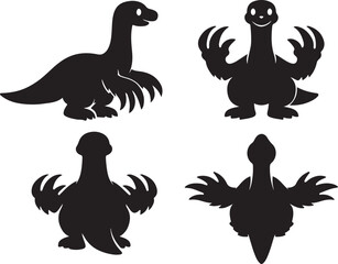 Cute Loch Ness Monster Nessie Silhouette Vector Set: Four Different Poses of Friendly Long-Necked Sea Creature Dinosaur Icon Pack for Kids' Graphics, Logos, and Simple Designs.