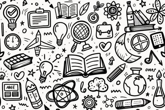 Black and white doodle educational seamless pattern learning school