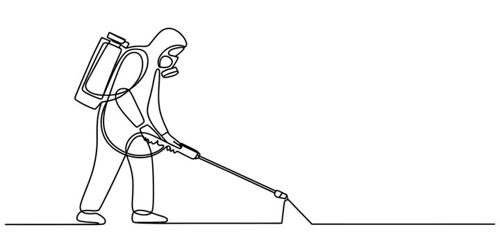 Continuous line drawing of a worker in a protective suit performing disinfection Vector, illustration