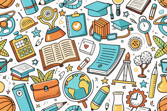 Colorful education themed doodle seamless pattern with school supplies and 2