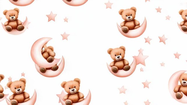 Teddy bears and moons appear together in a playful design with stars. The background creates a joyful and light mood for all ages