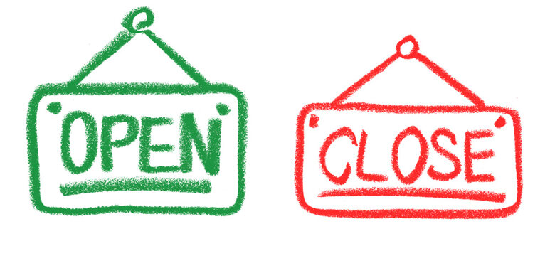Open Close Sign Symbol Crayon Chalk Drawing Doodle Vector Set
