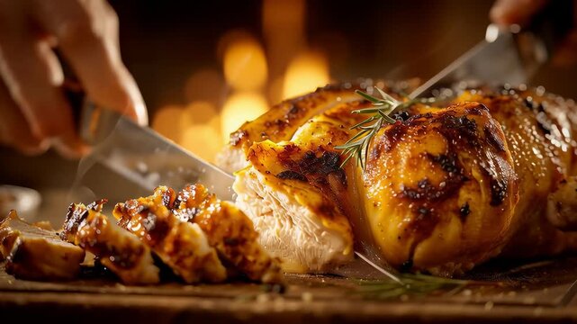 Roasted chicken being sliced with knives on a wooden board with herbs and warm firelight