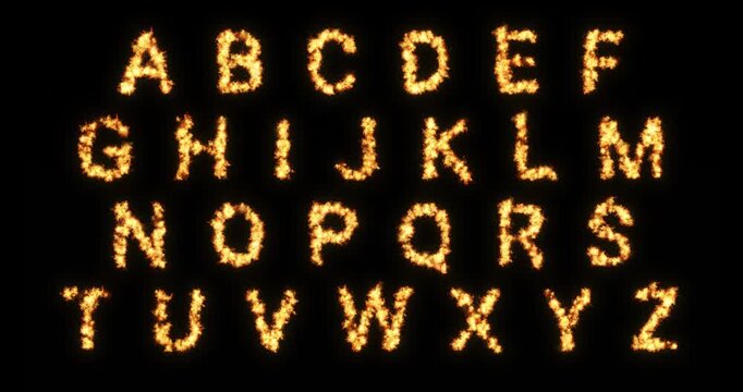 Burning letters of the alphabet from A to Z, made with fire on a black background, fiery typographic animation for dramatic titles, advertising campaigns, countdowns. capital letters