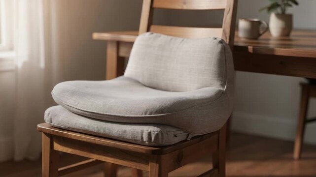 Medium shot of a memory foam kitchen chair cushion on a wooden chair highlighting ergonomic comfort and subtle fabric patterns in a cozy dining area.