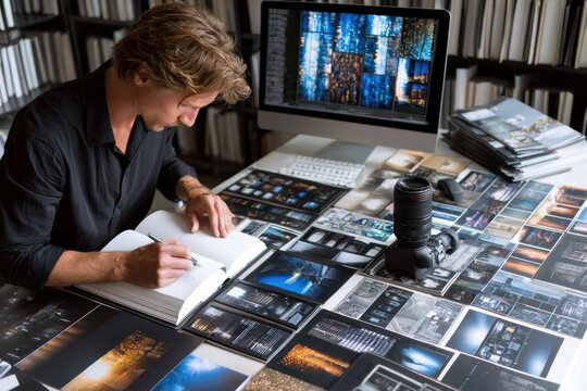 Photographer reviewing and organizing printed works in a creative workspace during daylight