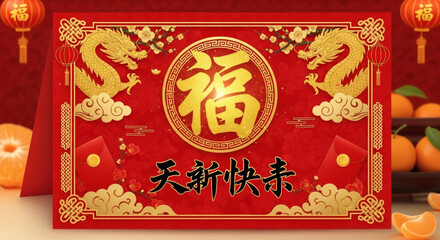 Chinese New Year Blessing Card with Twin Golden Dragons and Lanterns