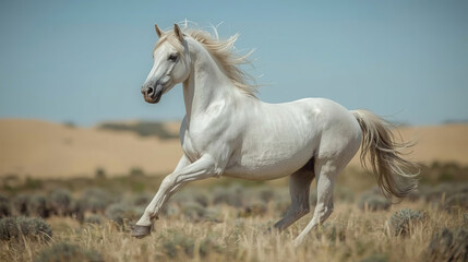 Obraz premium Majestic white horse running in motion against a blurred background with a clear blue sky