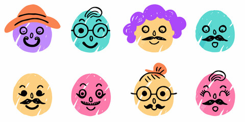 Colorful easter eggs illustrated with various facial features and whimsical hats