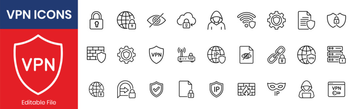 VPN Icon Collection Thin Line Icon Set Secure Connection Lock Encrypted Network Private Browsing Proxy Server