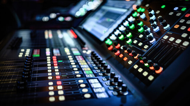 Professional sound and audio adjusting control panel with buttons, sliders and display. Digital music record mixer equipment for dj and musician media production