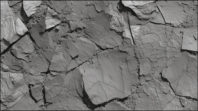 Cracked Clay Surface With Brittle Shards, Quiet Arid Atmosphere, Pale Monochrome Palette, Closeup Study For Geologist, Suitable For Environmental Drought Visuals