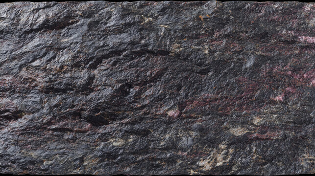 Dark Volcanic Basalt Surface With Red Oxidation Streaks, Rugged Coarse Relief, Dramatic LowLight Mood, Material Sample For Volcanologist And Industrial Designer, Strong