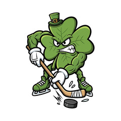 "Leprechaun Hockey Mascot Illustration &ndash; Angry Shamrock Playing Ice Hockey with Stick and Puck"

