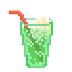 Melon soda float with ice cream pixel art icon - Green Japanese cream soda with red straw 8-bit