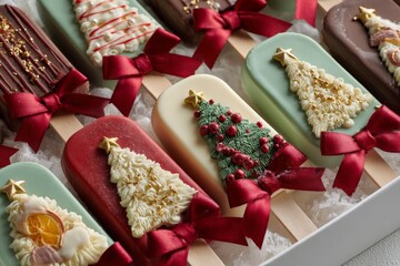 close-up of stick ice creams with christmas decoration