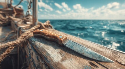 A Weathered Fishing Knife Resting on a Wooden Boat Deck