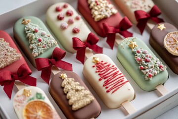 close-up of stick ice creams with christmas decoration