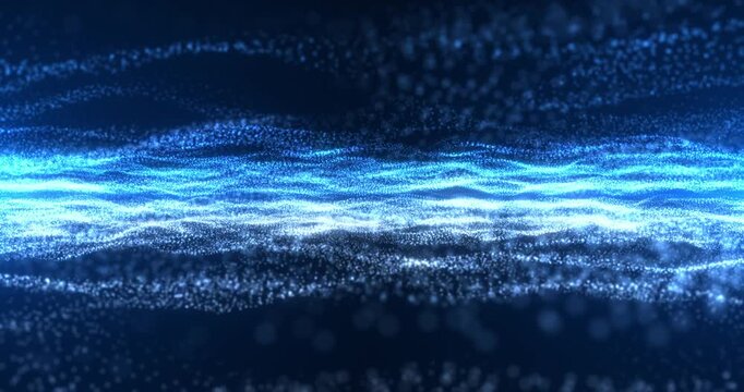 Flowing blue particle waves form a luminous horizontal stream, creating a futuristic abstract background that represents data flow, energy and digital motion. Seamless loop.
