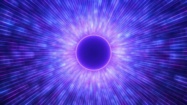 glowing purple energy tunnel with blue rays radiating in all directions creates a futuristic cosmic backdrop with movement, power, and depth.