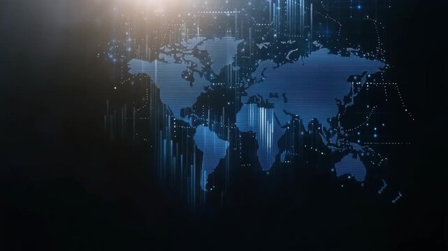 A world map with data points and connections. It illustrates how regions are linked in a global network of information
