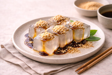 Japanese kuzumochi clear jelly cubes, zen aesthetic, copy space