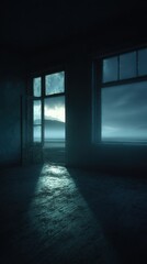 Eerie Room with Windows Overlooking a Stormy Landscape.