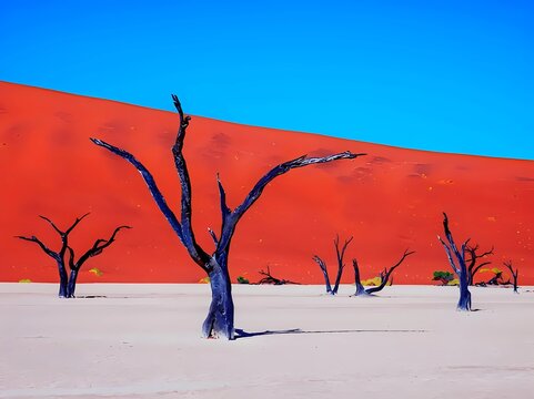 Arresting image of dead trees against vibrant red sand dunes and blue sky