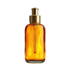 Minimalist glass dropper bottle with a chrome cap, filled with a vibrant amber-colored oil or serum ,isolated on transparent background