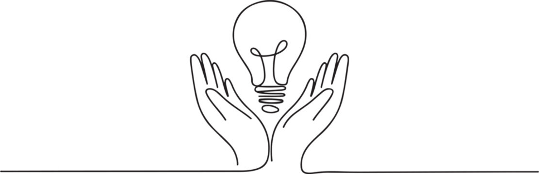 Hands with bulb light continuous one line symbol drawing.one line vector illustration with white background