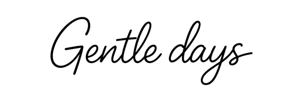 Clean modern monoline hand lettering of the phrase: Gentle days . Smooth single line strokes rounded ends subtle right slant and kerning high readability vector like crisp edges black ink