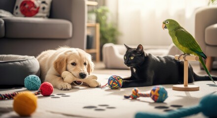 Adorable Puppy Black Feline and Green Parrot Enjoying Playtime Indoors dog wallpaper