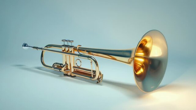 Video A golden trumpet placed on a blue background, ideal for use in music or artistic compositions