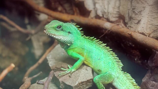 A bright green Chinese water dragon (Physignathus cocincinus) rests on rocks and branches in its natural habitat. Sunlight highlights its scales and vivid color, blending with the environment. Capture
