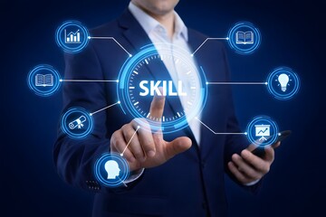Business professional touching digital skill development interface with icons