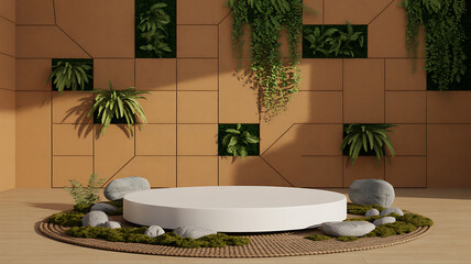 Zen-inspired product display podium with plants and stones on a woven mat, against a geometric wall.