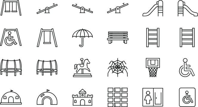 Playground and public park icon set featuring swings slides seesaws benches inclusive accessibility symbols and recreational equipment vector