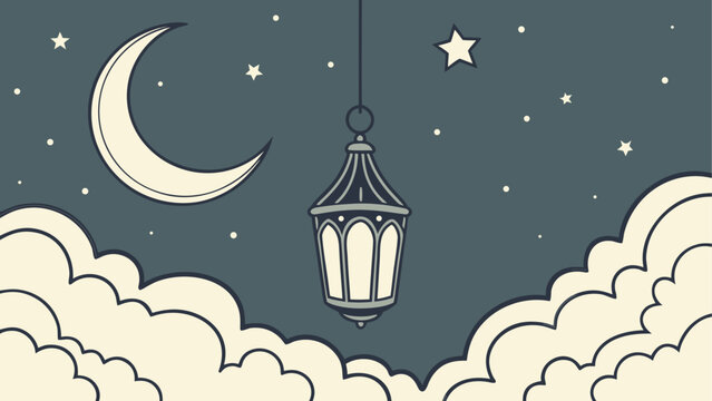 Whimsical night sky with hanging lantern and moon