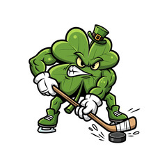 Fototapeta premium Angry Shamrock Hockey Mascot Vector – St. Patrick’s Day Sports Character with Irish Attitude in Ice Hockey Action Pose