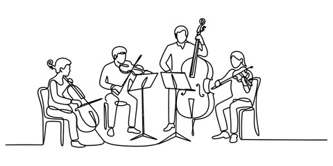 Minimalist one line art drawing of a string quartet playing classical music Vector, illustration © Single Line Art