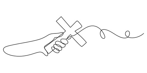 Minimalist single line art drawing of a hand holding a christian cross, representing faith and spirituality Vector, illustration © Single Line Art