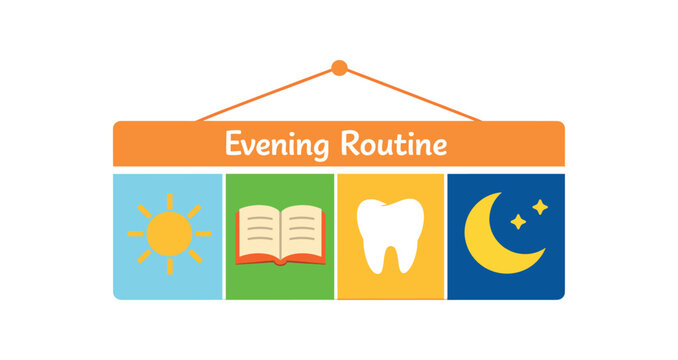 colored flat icon vector illustration isolated on white background isolated on white background chart with sun book tooth and moon evening routine steps for kids flat on white background