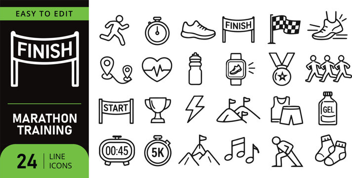 Marathon Training Line Icons Set: Featuring Finish Line, Runner, Stopwatch, Heart Rate