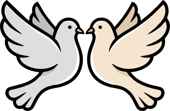 Romantic Pair of Love Doves Vector, Cute Cartoon Wedding Birds Facing Each Other