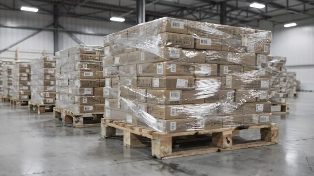 Medium shot focused on tobacco product bundles placed on industrial wooden pallets emphasizing efficient stacking and warehouse logistics.